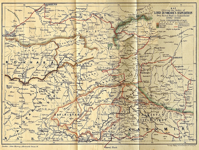 A map showing the route from Rawal Pindi to Samarkand